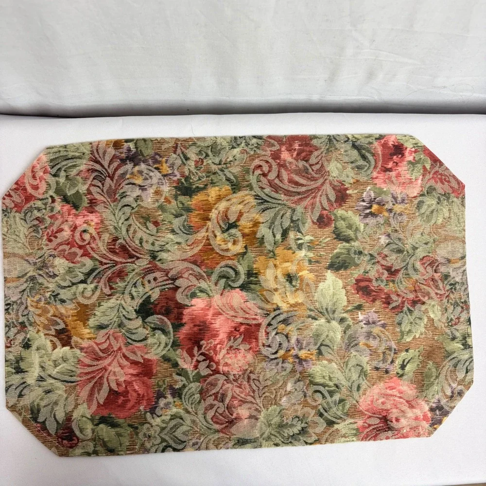 Vintage Floral Tapestry Placemats Set of 6 Reversible Damask Rose Green Cream